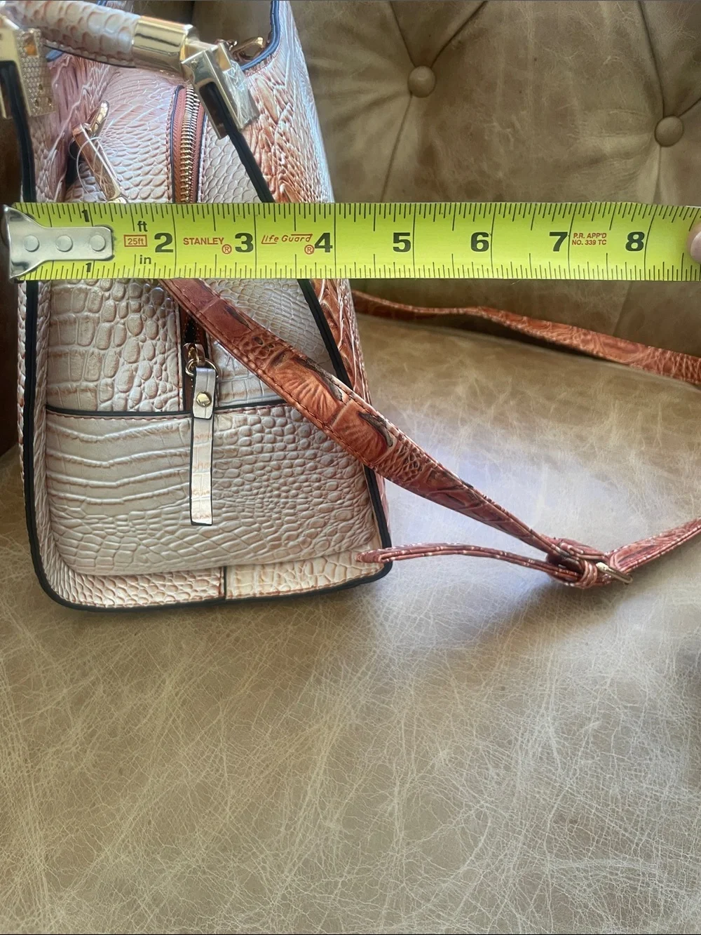 Croc-Embossed Satchel Handbag in Burnt Orange-Cream
